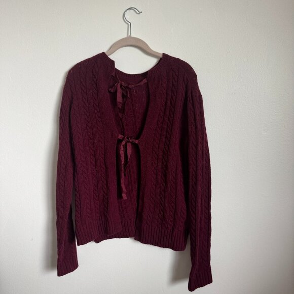 Prada Burgundy Cable Knit Tie-Front Cardigan Sweater Size 42 - Picture 1 of 4